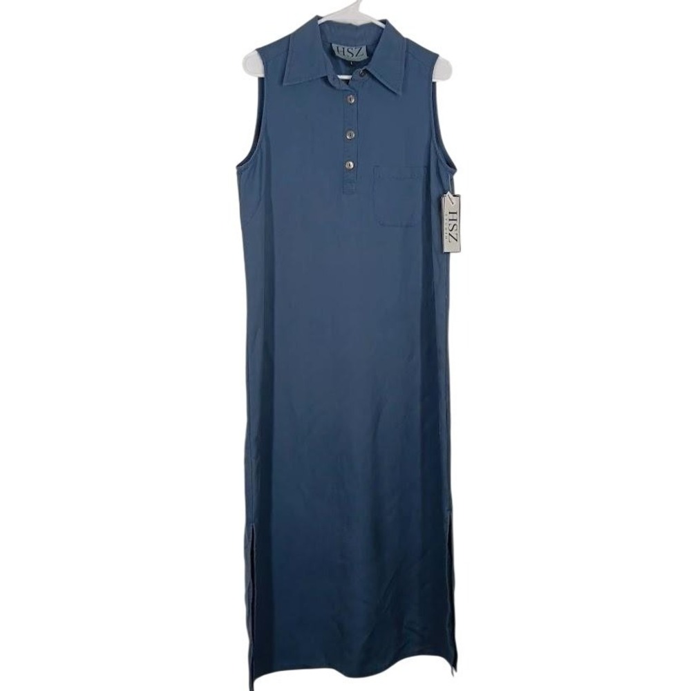 HSZ Studio Dress‎ Womens Large Blue Sleeveless Collared Shirt Maxi Lyocell Blend